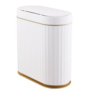 ELPHECO Bathroom Trash Can with lid 2.5 Gallon Waterproof Motion Sensor Wastebasket, Automatic Trash Bin Bathroom Decor for Bedroom and Office White with Golden Trim