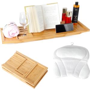 Bathtub Tray Table and Bath Pillow, Expandable and Foldable Bath Caddy Tray for Tub, Luxury Bathtub Accessories