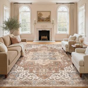 DTICON Vintage Washable 12x15 Area Rug Living Room Rugs, Brick Red