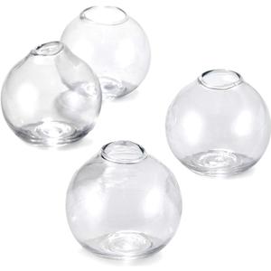 Serene Spaces Living Set of 4 Clear Ball Glass Bud Vase, Short Vases for Centerpieces for Home Decor, Events, Weddings, Measures 3" Tall & 2.75" Diameter