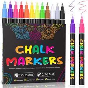 KERIFI Liquid Chalk Markers Fine Tip 1.0mm, 12 Colors Wet Erase Makers for Chalkboard Calendar, Erasable Chalk Pens for Chalkboard, Blackboard, Bistro, Menu, Glass, Wedding Signs, 45 Labels Included