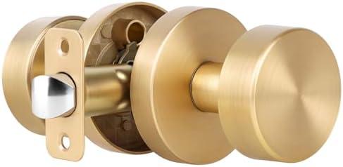naubea Satin Brass Door Knob Passage Door Knobs Interior Brushed Brass Closet Door Knobs Modern Round Gold Door knob Indoor for Closet Hallway