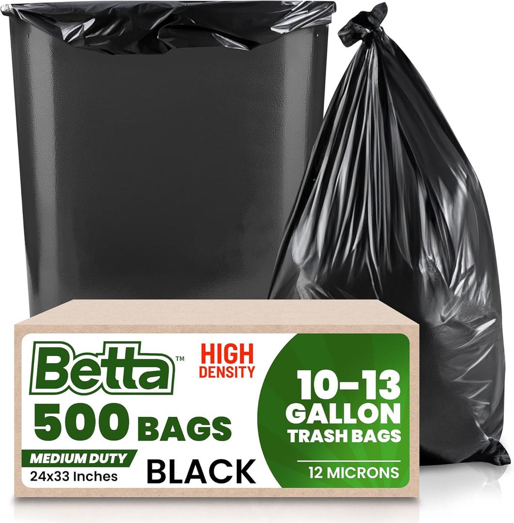 Betta 10-13 Gallon Black High-Density Trash Bags, 500 Count Box, (24x33-inch) Commercial Medium-Duty Garbage Can Liners