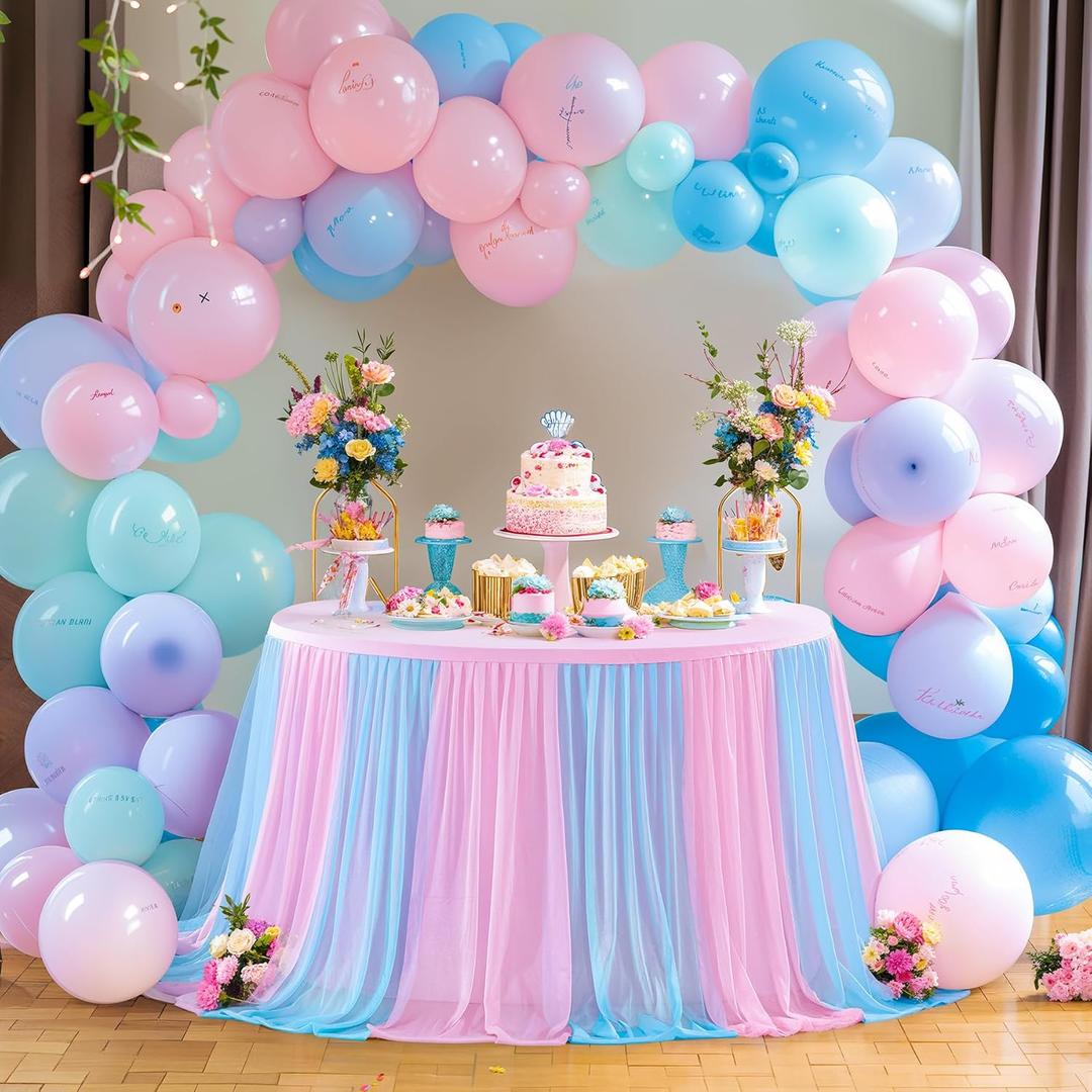 Besutolife Blue Pink Round Tablecloth 5ft Tulle Ruffle Table Cloth for Wedding Birthday Party Baby Shower Banquet Dinner Table Decorations
