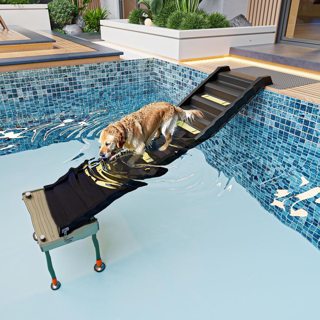 Adjustable 4-Leg Dog Pool Ramp - Quick Setup & Foldable Dog Ramp for Pool, 200lbs Capacity - Non-Slip Design for Enhanced Stability, Black