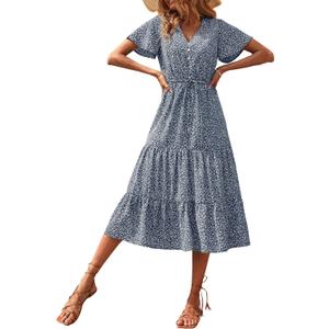 PRETTYGARDEN Floral Dress for Women 2026 Summer Casual Short Sleeve Maxi Dresses V Neck Tiered Flowy Boho Beach Sundress (XX-Large)