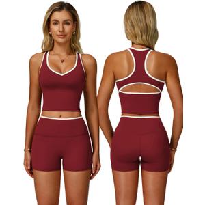 Women 2 Piece Workout Sets Racerback Color Block Tank Top High Waist Tummy Control Shorts Yoga Outfits (Red, M)