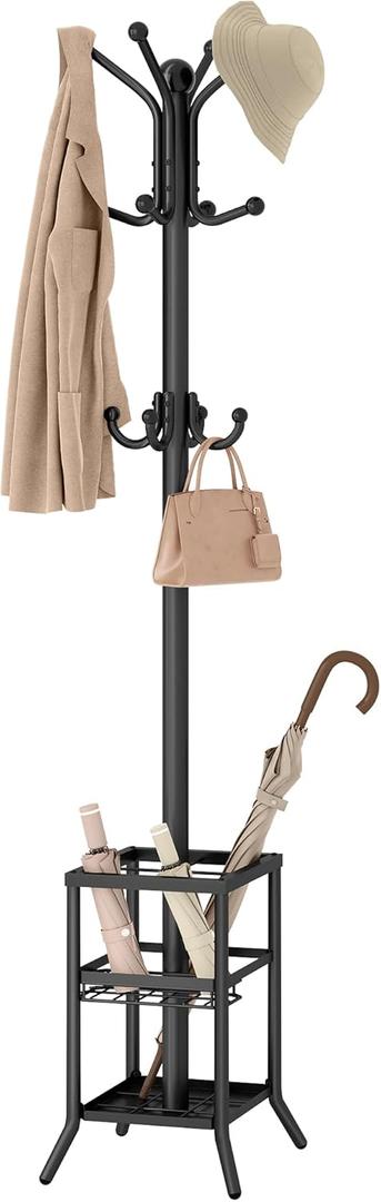 Coat Rack Freestanding,Coat Rack Stand with Umbrella Holder,Metal Coat Tree with 12 Hooks,Tree Clothes Hat for Entryway, Hallway, Bedroom, Living Room & Office -Black