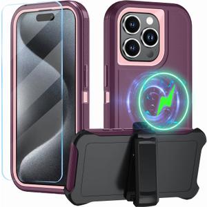 Magnetic for iPhone 15 Pro Case,with Belt Clip,[Compatible with Magsafe] W/Tempered Glass Screen Protector,Anti-Drop,Shockproof,Heavy Duty Protection (Wine red)