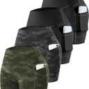 CHRLEISURE Womens Biker Yoga Shorts with Pockets: High Waisted Tummy Control Spandex Workout Athletic Gym Shorts 4 Packs (Large, 4 Packs - Black/Black/Camo Green/Camo Gray)