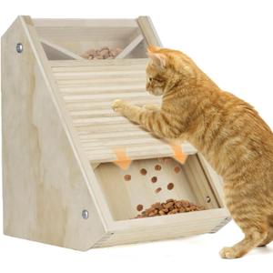 Interactive Cat Treat Toy Wooden Food Dispensing Cat Toy for Indoor Cats, Paw-Activated Reward Feeder, Cat Enrichment & Puzzle Toy for Mental Stimulation (Pine)