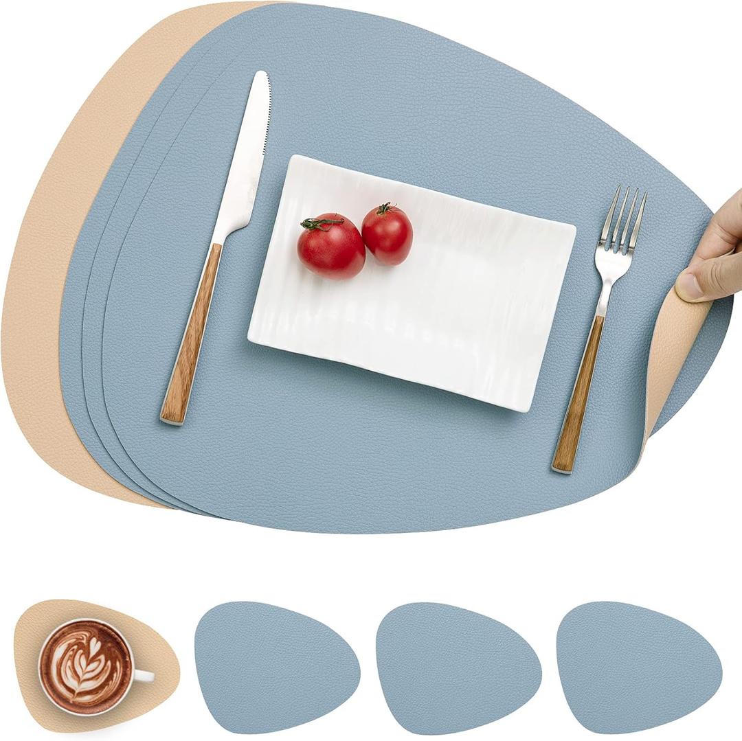 Myir JUN Placemats, Dual-Sided Placemats Waterproof Faux Leather Placemats Set of 4 Place Mats and Coasters Non-Slip Washable Table Mats for Dining Table (Camel Yellow Light Blue, Set of 4)