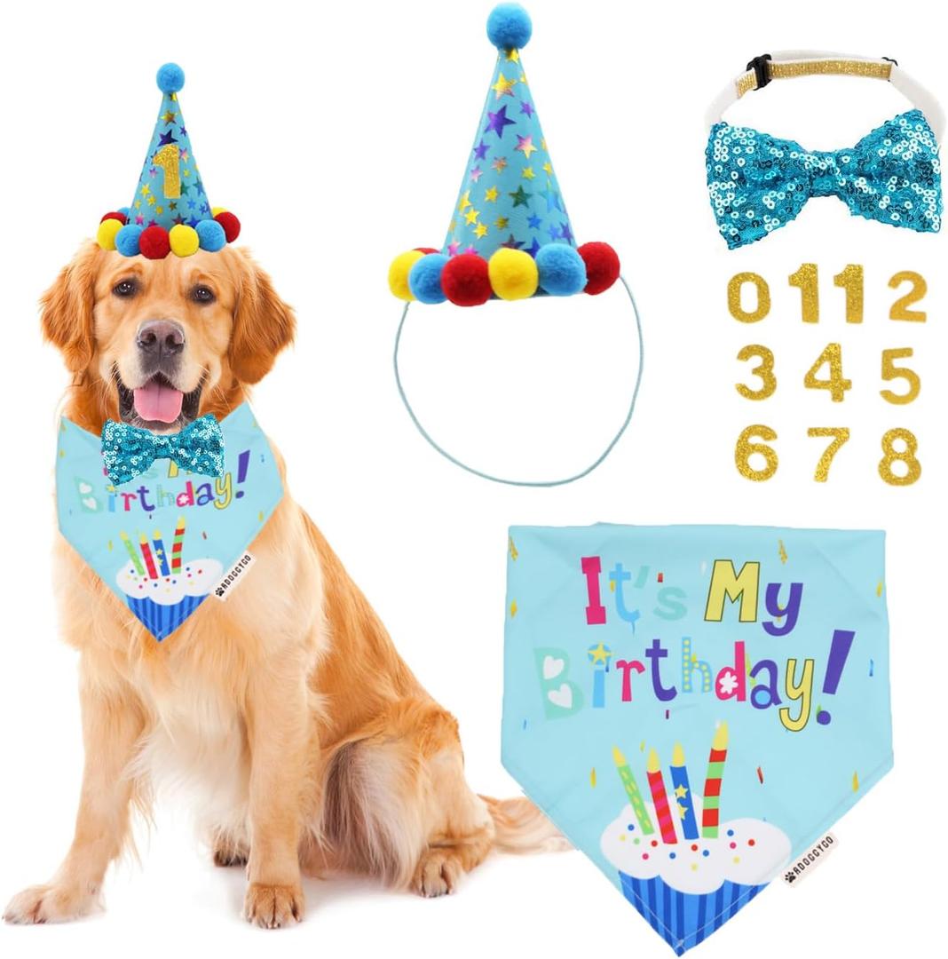 ADOGGYGO Dog Birthday Bandana Scarf and Blue Boy Pet Birthday Party Hat with Cute Bow Tie for Extra Large Dog Pet (X-Large) ADOGGYGO Dog Birthday Bandana Scarf and Blue Boy Pet Birthday Party Hat with Cute Bow Tie for Extra Large Dog Pet (X-Large)