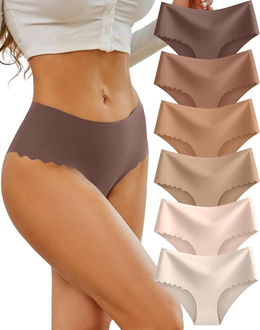 Sth Big High Waisted Seamless Underwear for Women No Show Panties Cheeky Scalloped Edge Bikini Breathable Briefs 6 Pack