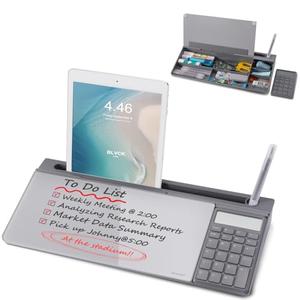 Small Glass Desktop Whiteboard Dry-Erase-Board - Computer Keyboard Stand with Calculator White Board Surface Pad with Drawer, Desk Organizers with Accessories for Office, Home, School Supplies - Grey