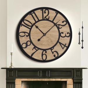 Large Wall Clock for Living Room Decor, Non Ticking Silent, Battery Operated Modern Vintage Wood Wall Clock Oversized Decorative Wall Clock for Bedroom Kitchen Farmhouse Office Decor (20inch, Black Metal - Arabic Numerals)