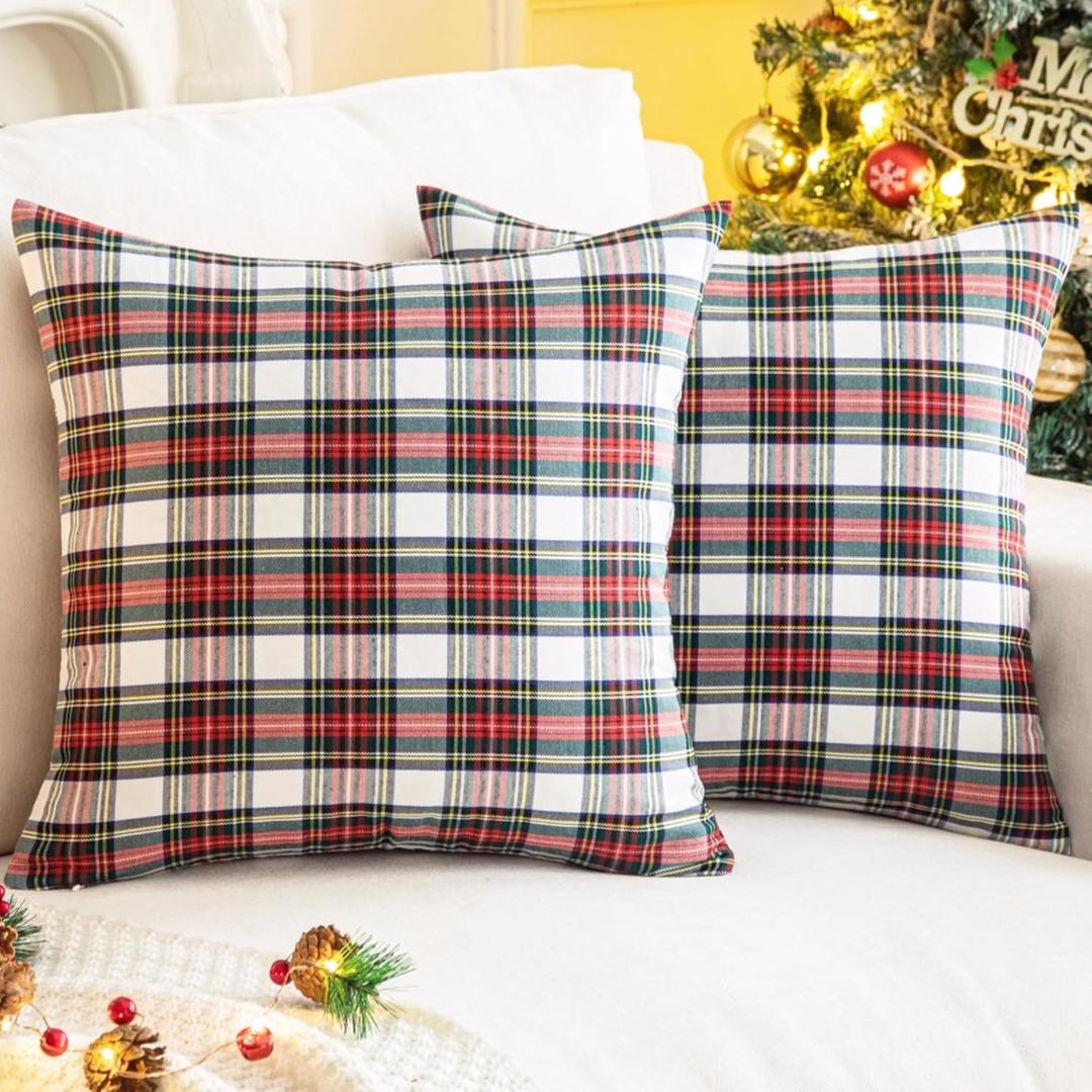 AQOTHES Pack of 2 Christmas Plaid Decorative Throw Pillow Covers Scottish Tartan Cushion Case for Farmhouse Home Holiday Decor Red and White, 20 x 20 Inches