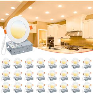 VOLISUN 24 Pack 4 inch Recessed Lighting, 5CCT Ultra-Thin LED Recessed Light with Junction Box, 2700K-5000K Selectable, 810Lumen Dimmable Canless Wafer Downlight, LED Ceiling Light ETL Certificated (White)