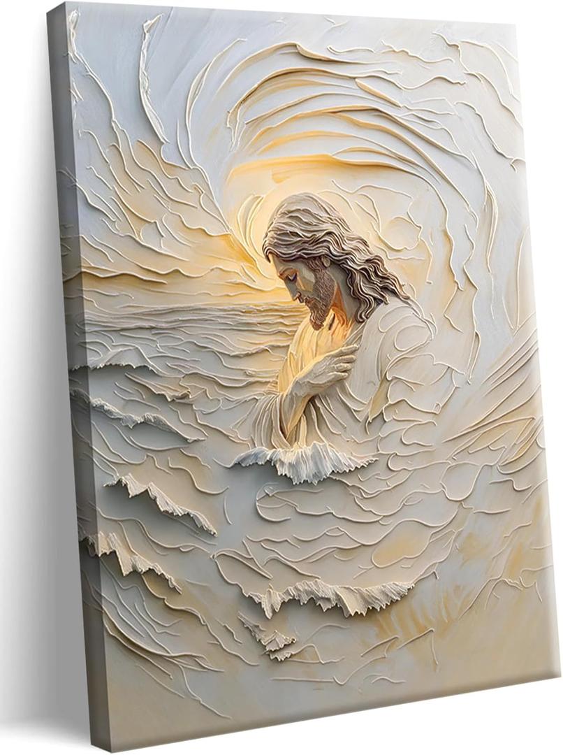 Framed Christian Jesus Canvas Wall Art, Jesus With Golden Halo Wall Decor Paintings, Religious Bible Posters Prints Pictures Artwork for Church Living Room Bedroom Home Decor 16x24 Inch (Yellow Jesus Hugs Himself)