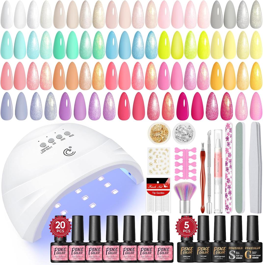 PEACECOLOR 38PCS Gel Nail Polish Set with Lamp Starter Kit, 20 Colours Soak Off Gel Nail Kit White Pink Red Blue Green with Glossy Matte Glitter Top Coat, Nails Kit for Beginner DIY at Home
