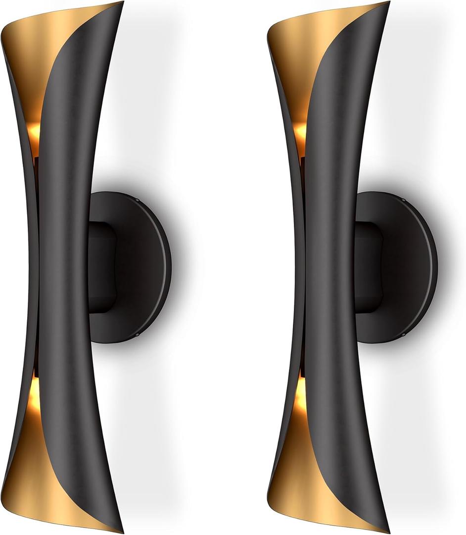 Tubicen Modern Wall Sconces Set of 2 Up and Down Wall Lights Indoor Dimmable Mid Century Modern Black and Gold Wall Sconces for Bedroom Living Room Home Theater Hardwired 15.7" H