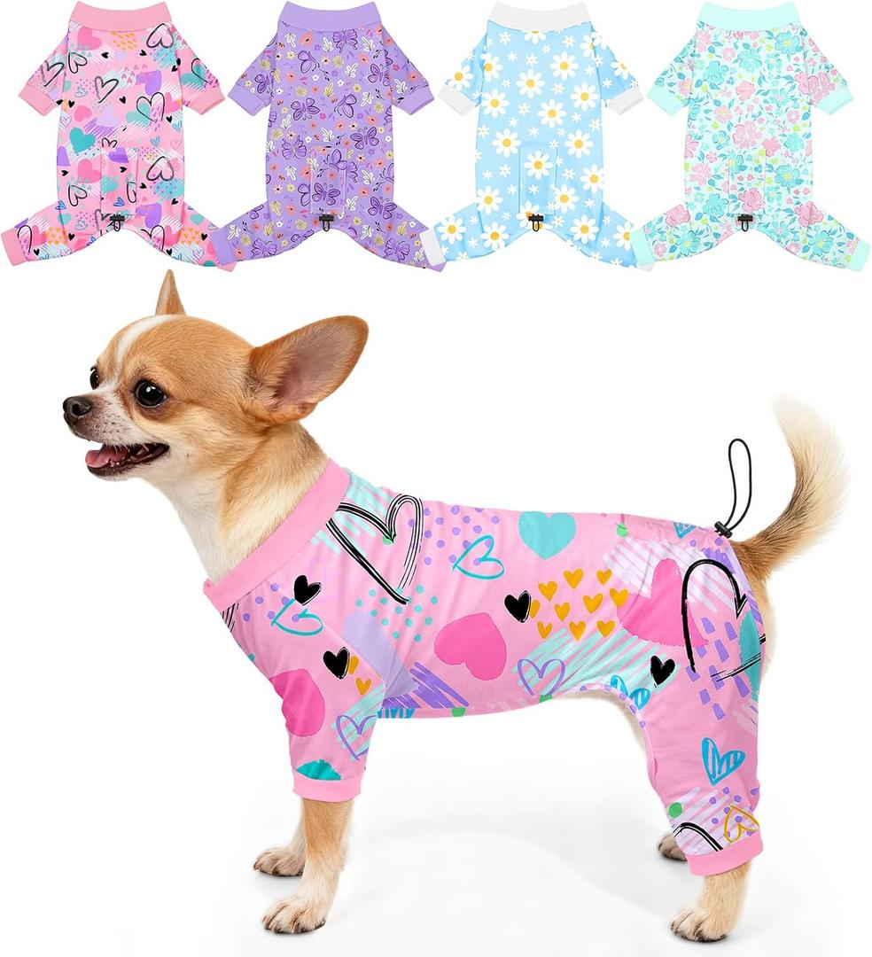 Bienbee Dog Pajamas, 4 Pack Dog Recovery Suit Shedding Suit Cute Soft Puppy Clothes Dogs Pjs Onesies Jammies Adjustable Breathable & Stretchy Clothes for Small Dogs Girl Boy Puppy-S
