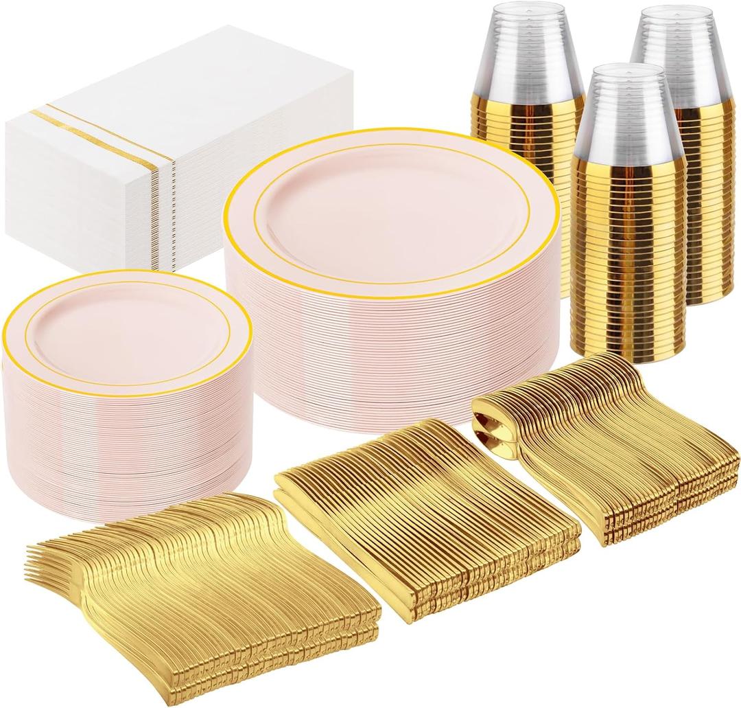 GATHER 350PCS Pink Plastic Plates - Disposable Plastic Dinnerware Set Include 100 Pink Plates, 150 Silverware, 50 Napkins, 50 Cups for Party & Wedding (Pink and Gold)