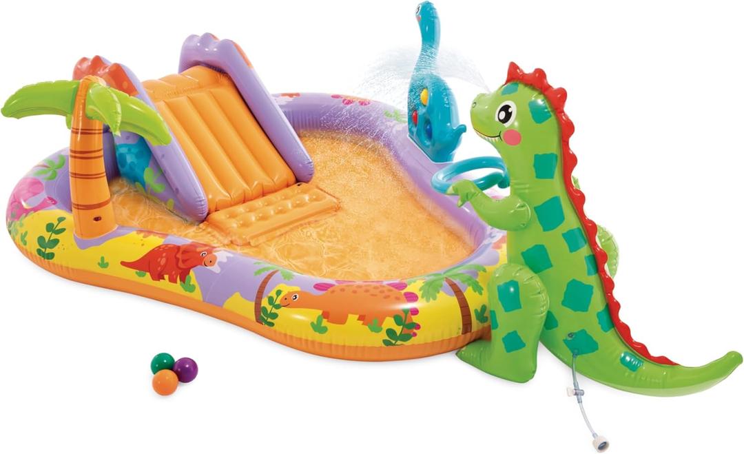 INTEX 56139EP Dino Park Inflatable Kiddie Pool: Inflatable Kids Pool with Water Sprayer and Slide  Splash Pad  79" x 62" x 27"  Ages 3+ (Multicolor)