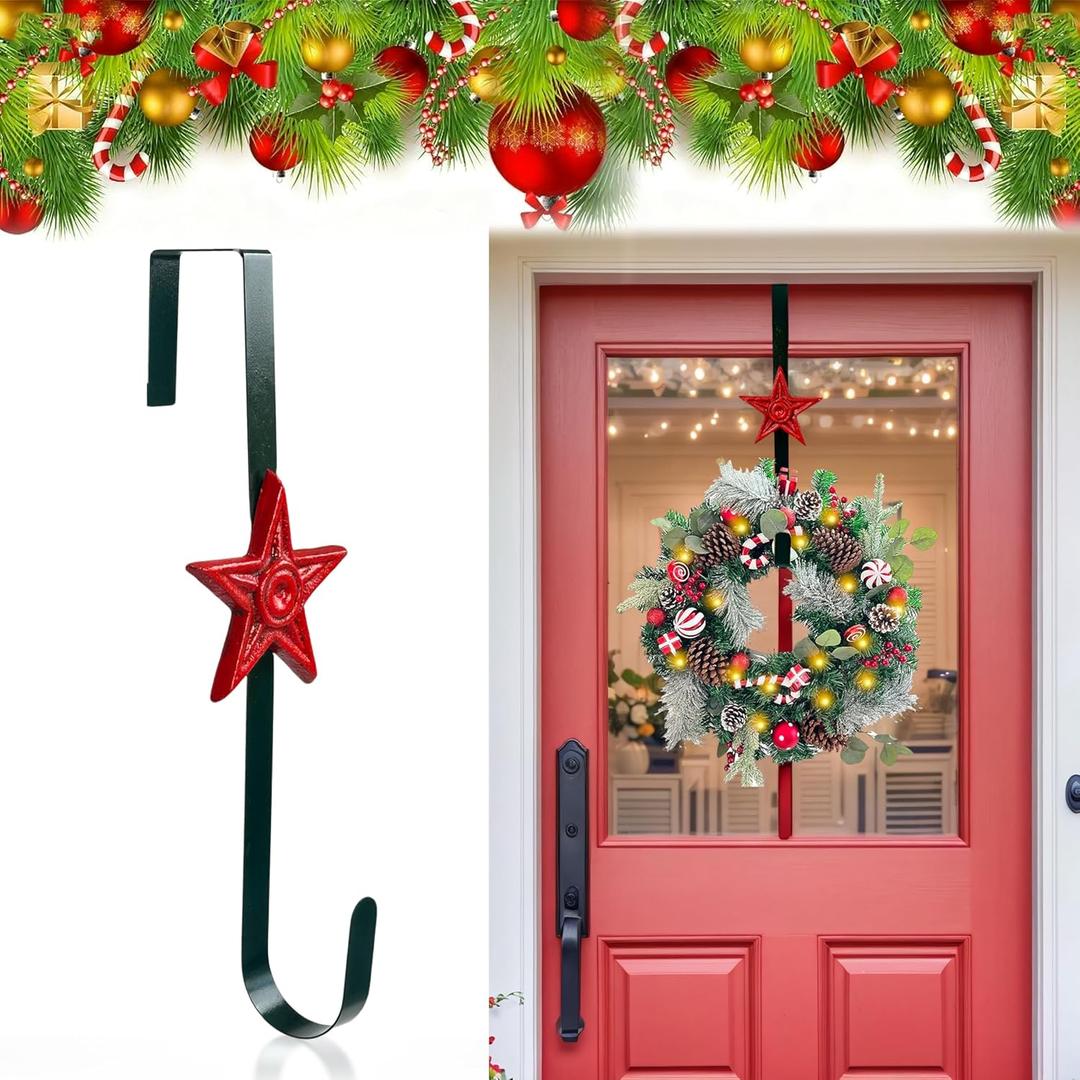 Cast Iron Wreath Hanger for Front Door, Red Star Adjustable Over The Door Hook Wreath Stand, Heavy Duty Door Wreath Hanger and Garland Holder for Fall and Christmas Decorations