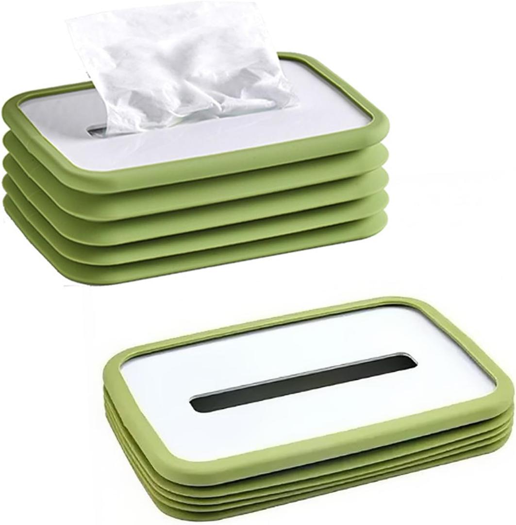 Foldable Tissue Boxes Cover Holders, Clear Tissue Holder Dispenser for Facial Tissue, Napkins, Dryer Sheets for Bathroom, Desks, Countertops, Vanity, Bedroom, Night Stands (Green)