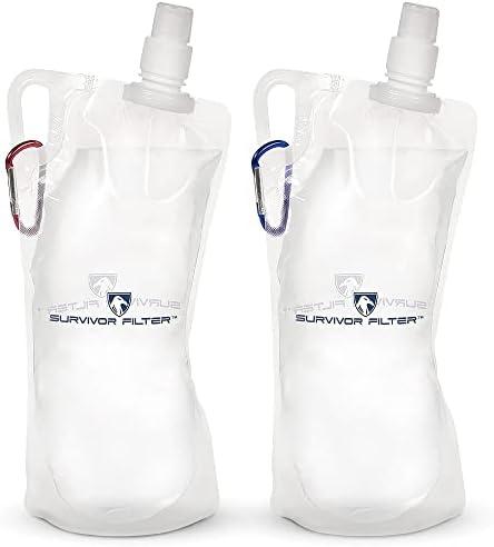 Survivor Filter Collapsible Water Bottles, Canteens (32oz) 2 Pack (2L Total) - Durable Carabiners and Handles. Squeeze Water Through a Filter or Use as Water Bottles