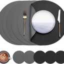 Myir JUN Round Placemats Set of 6 Faux Leather Place Mats and Coasters 15 inch Round Table Mats Dual Sided Non-Slip Stain Resistant Placemats (Gray & Black, Set of 6)