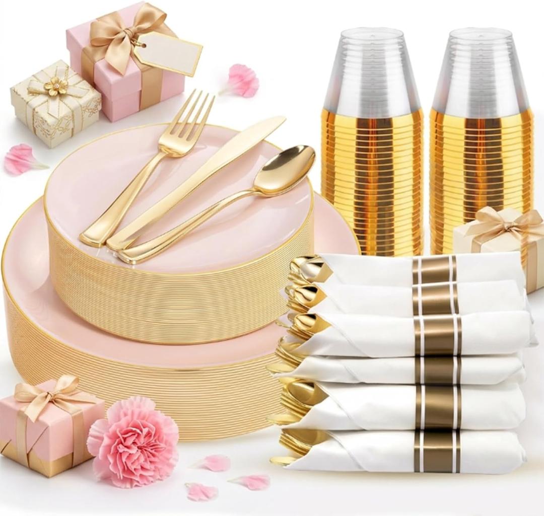 KIRE 175PCS Pink Plates Disposable - Heavy Duty Pink and Gold Plastic Plates Dinnerware Sets - 25 for Dinner 25 for Dessert 25 Pre Rolled Napkins 25Cups for Spring/Wedding/Mother's Day/Baby Shower