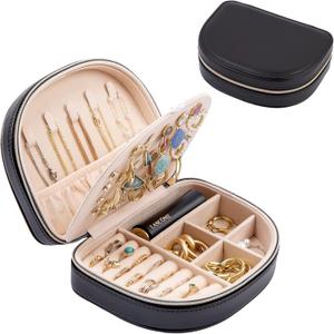 ProCase Travel Size Jewelry Box, Medium Portable Seashell-Shaped Jewelry Case, 2 Layer Jewelry Organizer in PU Leather for Women -Black (Medium - No Mirror)