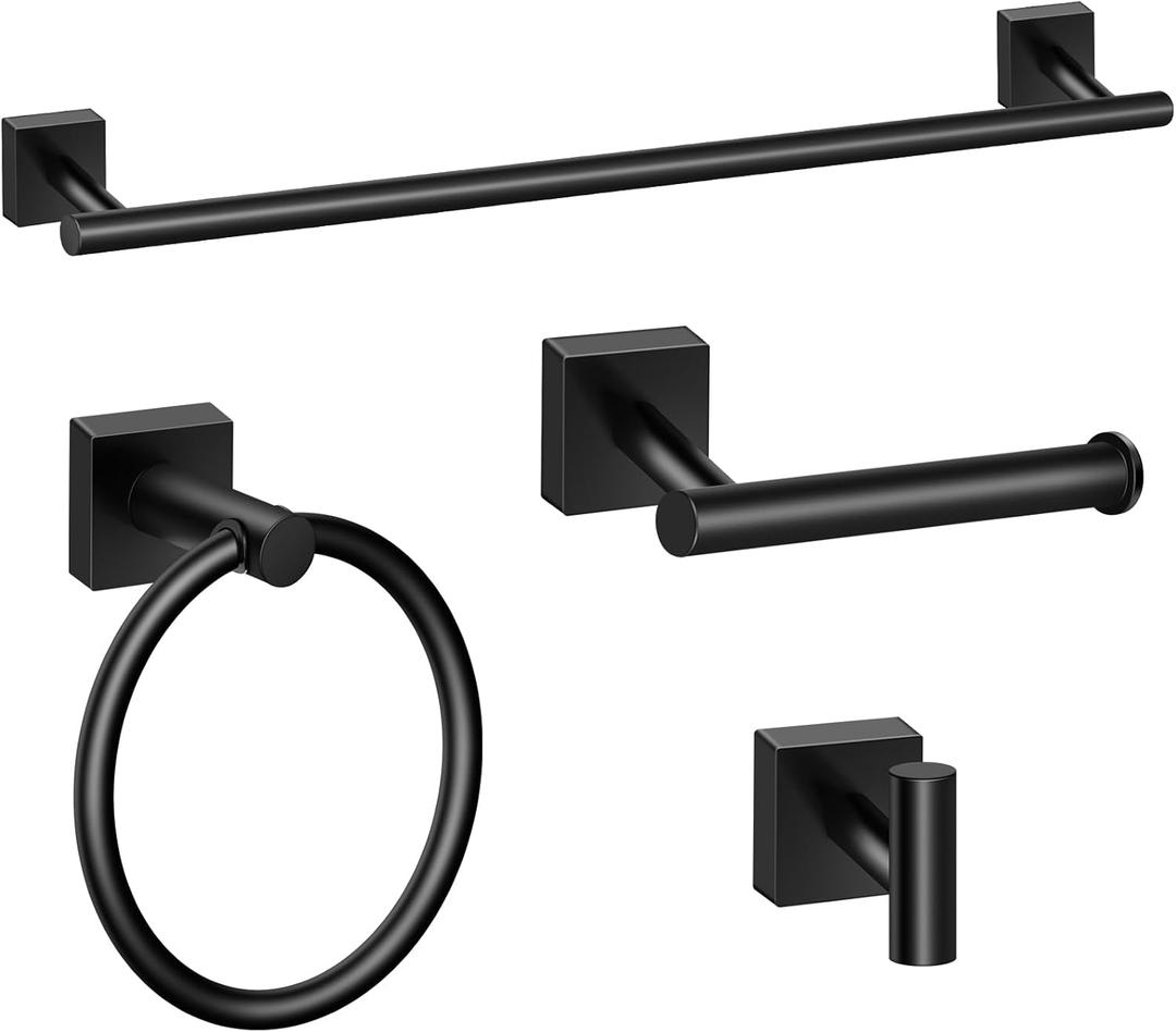 Bathroom Hardware Set 4 Pieces, Matte Black Stainless Steel Towel Bar Set, Includes 24In Towel Bar, Towel Ring, Robe Towel Hooks,Toilet Paper Holder, Wall Mounted Towel Rack Set