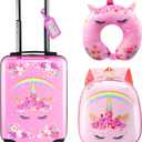 Sanwuta 4 Pcs Kids Luggage Set Kids Backpack Travel Rolling Suitcase with Wheels U-shape Pillow Childrens Gift for Girls Boys(17 Inch,Unicorn Rainbow Style,Pink)