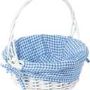 White Round Willow Wicker Gift Basket with Blue and White Gingham Liner, Small, Decorative Picnic Basket with Handles, Empty Wicker Basket for Gifts