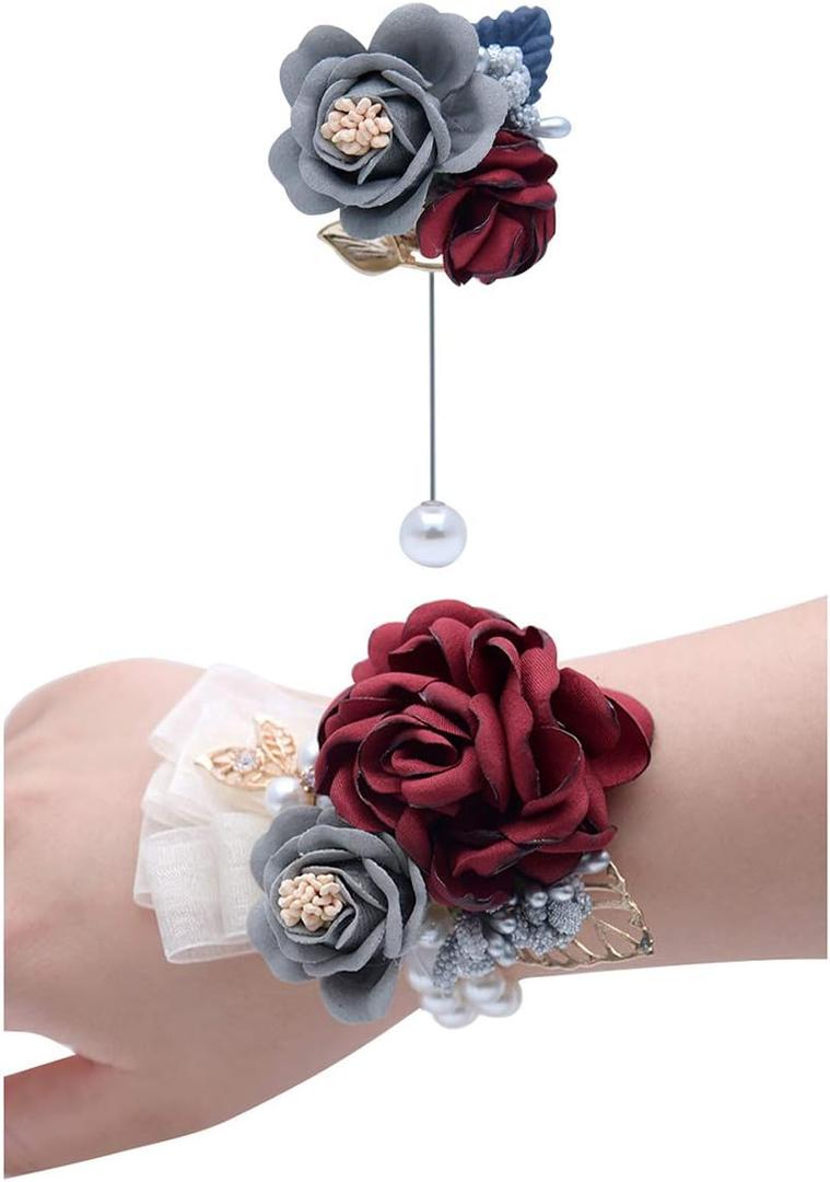 Bridesmaid Wrist Corsage Flowers with Bead Wedding Wristband Flower JW70 (Set A)