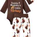 Aalizzwell Preemie Newborn Infant Baby Boys Clothes Bodysuit Romper Pants Hats Outfit Fall Winter Set (0-3 Months, Thanksgiving Brown)