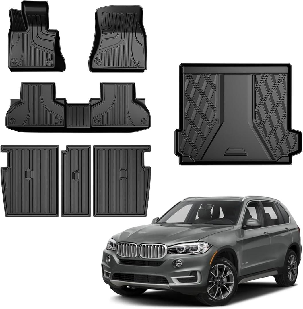 Floor Mats & Cargo Liner & Backrest Mat Compatible with BMW X5 2014-2018: All Weather Floor Mat X5 TPE Accessories Trunk Mat Back Seat Cover Protector Full Set