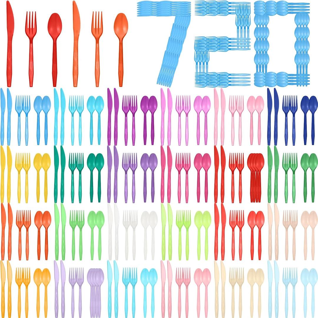 Honeydak 720 Pieces Neon Party Plastic Colorful Silverware Set Rainbow Plastic Utensils Disposable Flatware Cutlery Set Includes 240 Forks, 240 Knives, 240 Spoons for Birthday Wedding Party Dinner