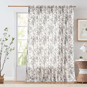 Jinchan Linen Floral Curtains 100 Inch Extra Wide for Patio Sliding Glass Door Room Divider Curtain for Living Room 96 Inch Length Farmhouse Peony Black Printed Curtain Set 1 Panel