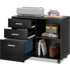 DEVAISE 3 Drawer Mobile File Cabinet, Wood Lateral Filing Cabinet, Printer Stand with Open Shelves for Home Office, Black, 15.7"d X 31.3"w X 24.7"h