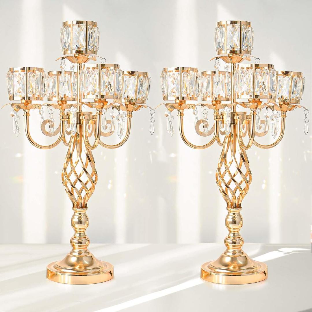 23.2 inch Tall Elegant and Chic 5 Arm Pendant Crystal Candlestick Holder Table Decoration tealight Candle Holder, Candelabra for Gorgeous Wedding/Parties Table Centerpiece (2, Gold)