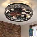 SHIHOT Low Profile Caged Ceiling Fans with Lights and Remote, Flush Mount Ceiling Fan with Light, Bedroom Fan, Small Industrial Black Ceiling Light Fixture, Reversible(Bulbs not Included)