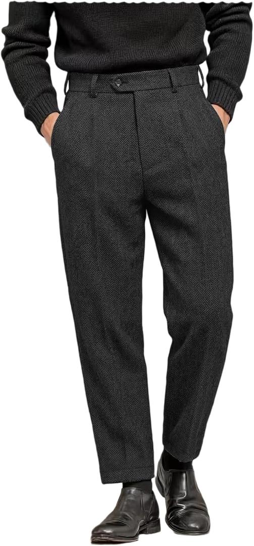 Men's Tweed Pants Herringbone Thick Wool Pleated Front Dress Suit Vintage Trousers (32W x 32L, Black)