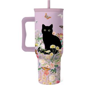 Cat Lover Gifts For Women, Stainless Steel Tumbler With Handle 40 Oz, Best Gifts For Cat Lovers, Birthday Christmas Valentine Anniversary Floral Gift For Women, Floral Tumbler Mug Cup