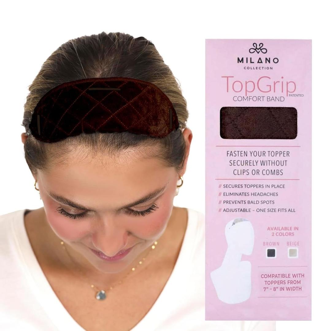 MILANO COLLECTION Glueless Top Grip for Hair Topper & Wiglets, Adjustable Translucent Strap with Side Openings, Top Headband for Your Wig or Topper, Includes Clips, Brown, Medium
