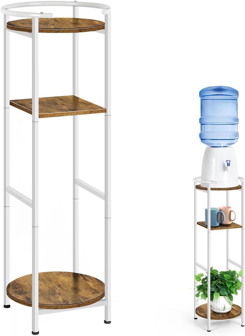 Water Dispenser Stand 5 Gallon Water Cooler Jug Storage Rack Water Filter Stand with 2 Storage Shelves, Modern Flower Shelf Display for Home Kitchen Office Space Save, Rustic Brown & White