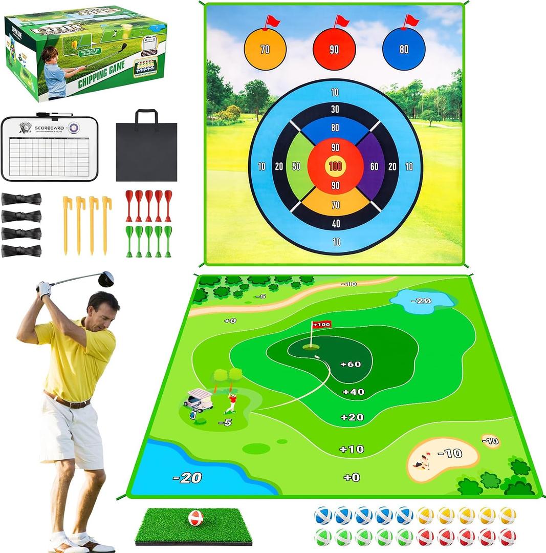 Battle Golf Chipping Game Set, 71x71in Double-Sided Mat with Stand, No Club, Target Disk Pattern: 3A